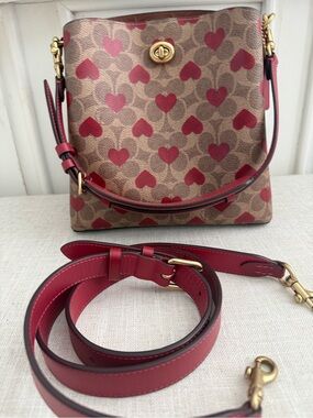 Coach Brown Signature Crossbody with Red Heart Print